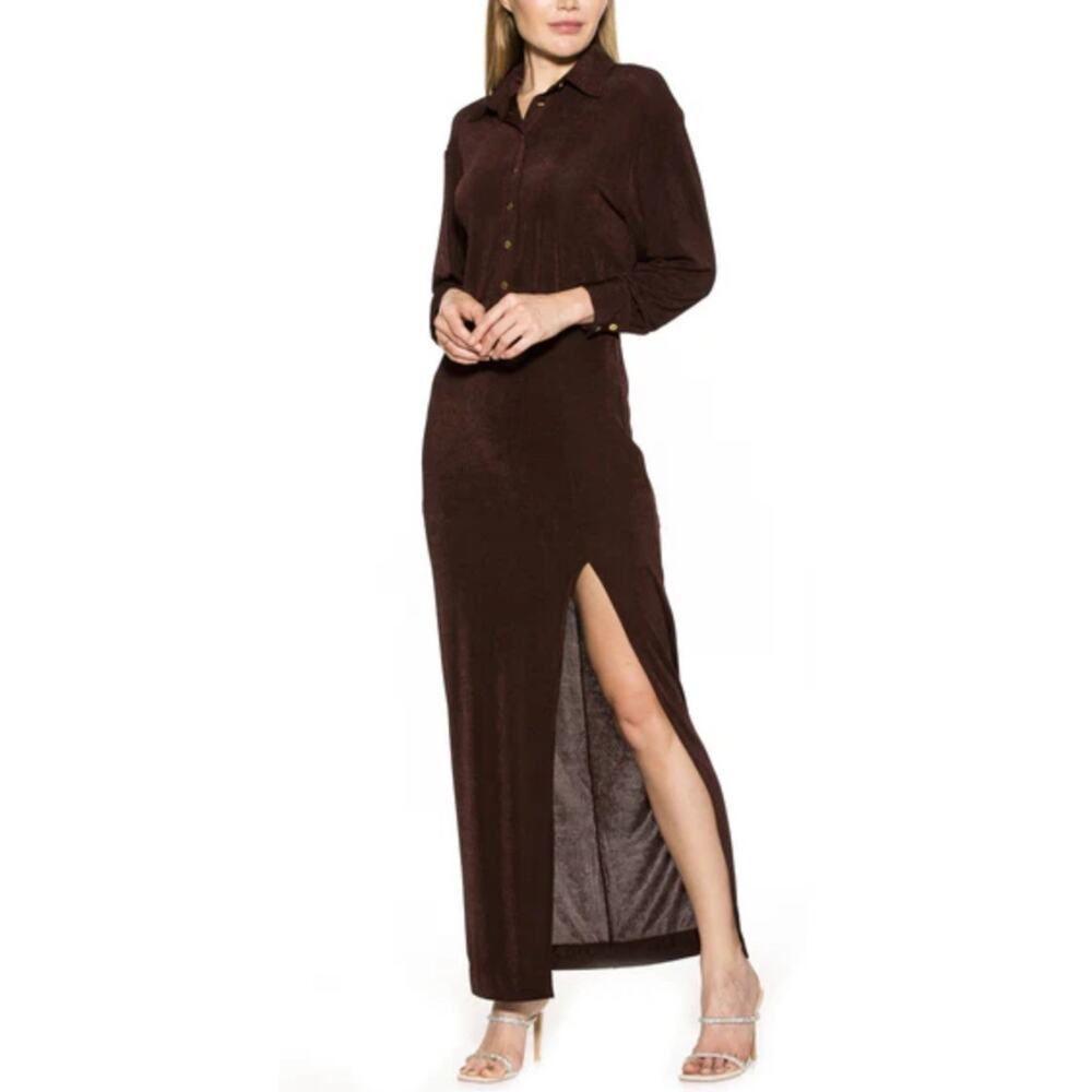 NWT Alexia Admore Dress Flattering Thigh Slit Long Sleeve Stretch Brown Large